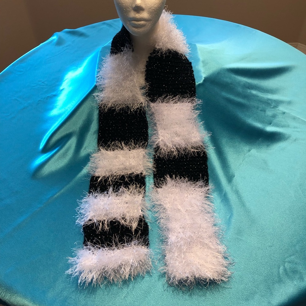 Luxurious black and white knitted scarf handmade